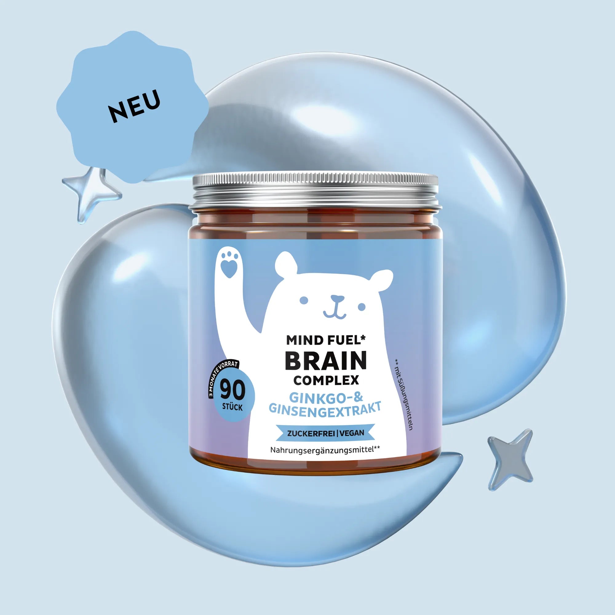 Bears with Benefits Mind Fuel* Brain Complex – Vegane Vitamin-Gummibärchen mit Ginkgo- & Ginsengextrakt für Fokus & Gedächtnis, Ginsengextrakt 125 mg und Ginkgoextrakt 10 mg pro Bärchen, 90 Stück, 3 Monate Vorrat, neue Formel, zuckerfrei, vegan