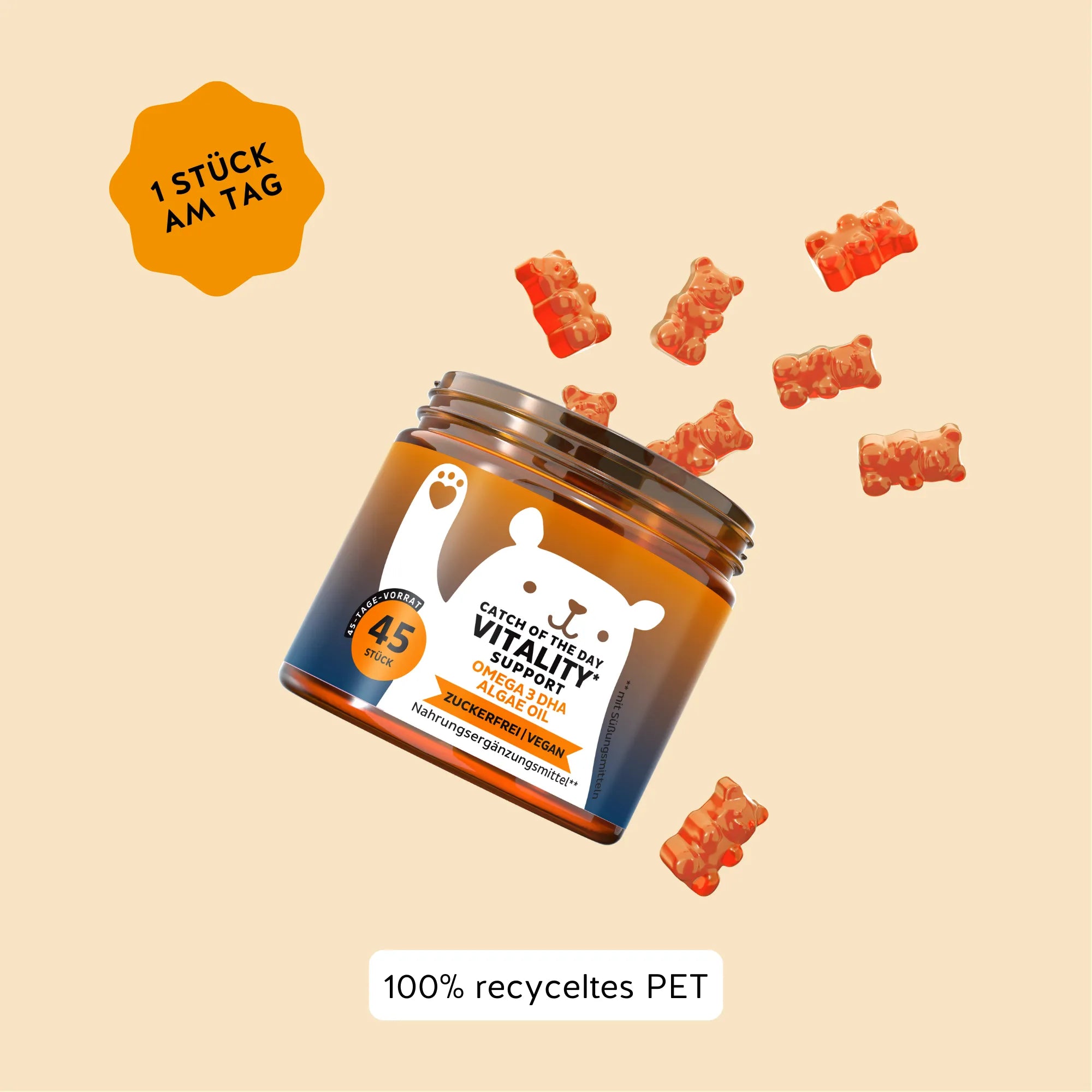 Verzehrempfehlung für die Catch Of The Day Vitality Support Vitamin-Gummibärchen von Bears with Benefits für die tägliche Einnahme. Dose mit 45 Stück.