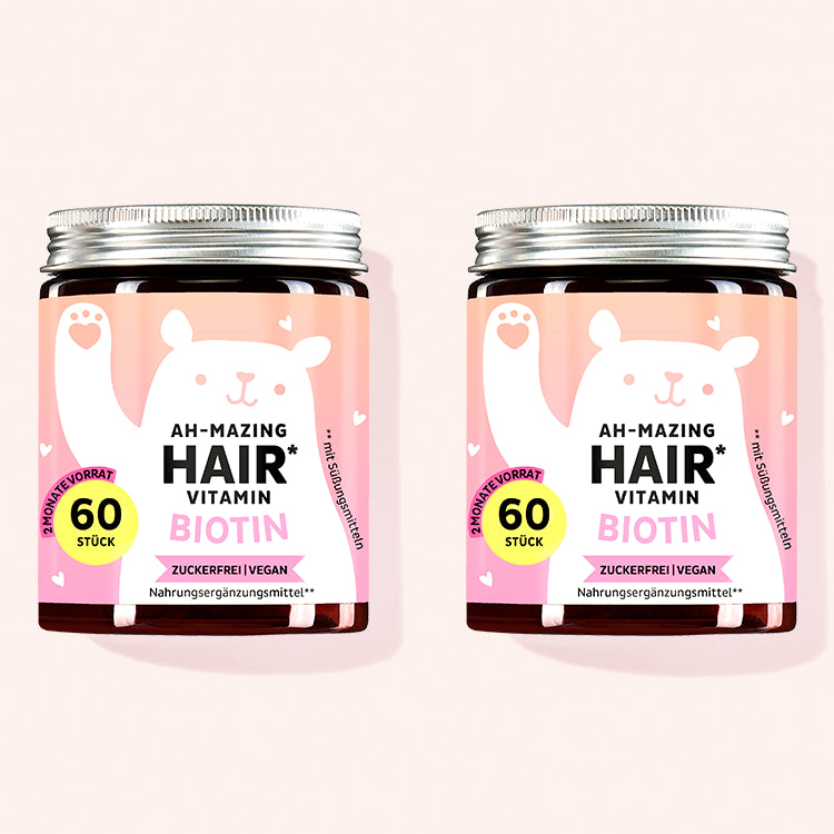 Die Ah-Mazing Hair Vitamine mit Biotin (zuckerfrei) von Bears with Benefits als 2 Monatskur.