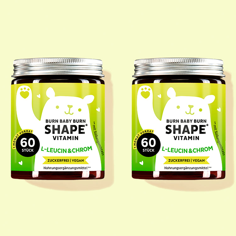 Die Burn Baby Burn Shape Vitamins mit Chrom, L-Leucin und Grünteeblattextrakt von Bears with Benefits für den Fettstoffwechsel als 2 Monatskur.