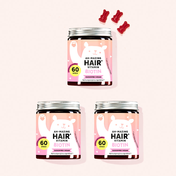 Die Ah-Mazing Hair Vitamine mit Biotin (zuckerfrei) von Bears with Benefits als 3 Monatskur.