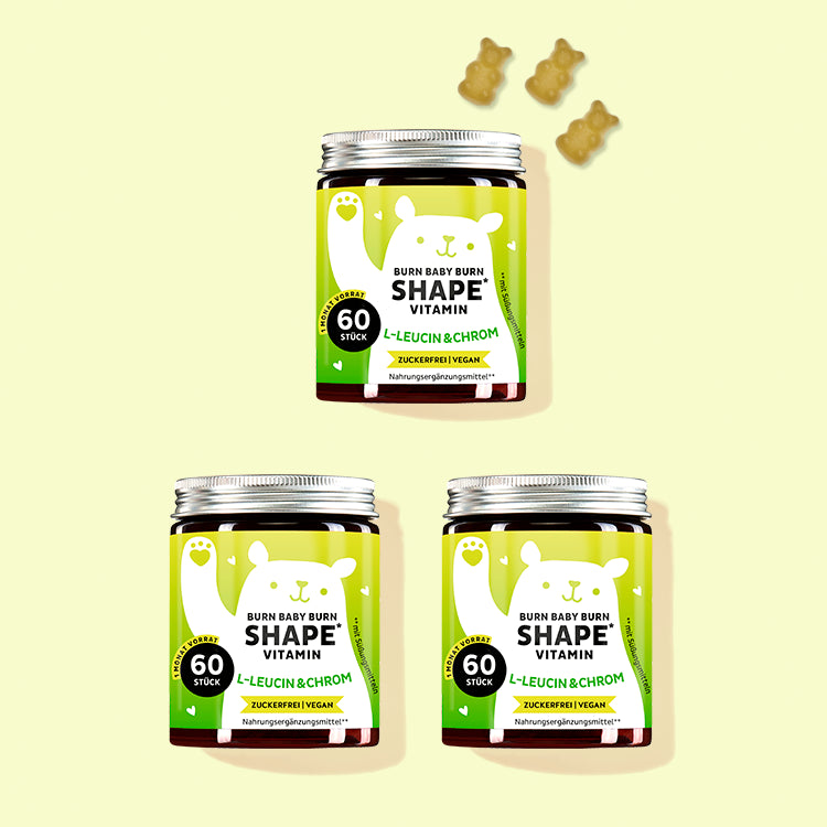 Die Burn Baby Burn Shape Vitamins mit Chrom, L-Leucin und Grünteeblattextrakt von Bears with Benefits für den Fettstoffwechsel als 3 Monatskur.