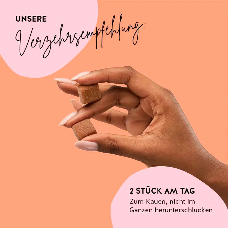 Auf diesem Bild ist die Verzehrsempfehlung von Beauty Bites mit Selen für Haut, Haare und Nägel zu sehen. Das Produkt is von Bears with Benefits.
