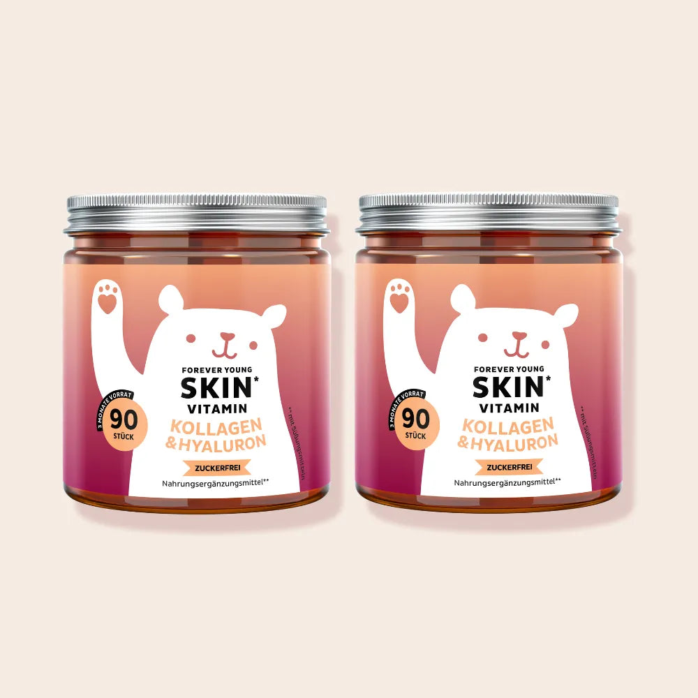Bild des 2-Gläser-Sets der Forever Young Skin Vitamine von Bears with Benefits mit insgesamt 180 Gummibärchen für eine langanhaltende Hautpflege.