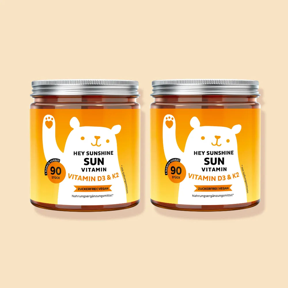Bears with Benefits HEY SUNSHINE SUN Vitamin – Vegane Vitamin D3 & K2 Gummibärchen für Immunsystem* und Knochen*, Vitamin D3 25 µg (1000 IE) + Vitamin K2 25 µg pro Bärchen, 2er Pack je 90 Stück, 3 Monate Vorrat, zuckerfrei, vegan