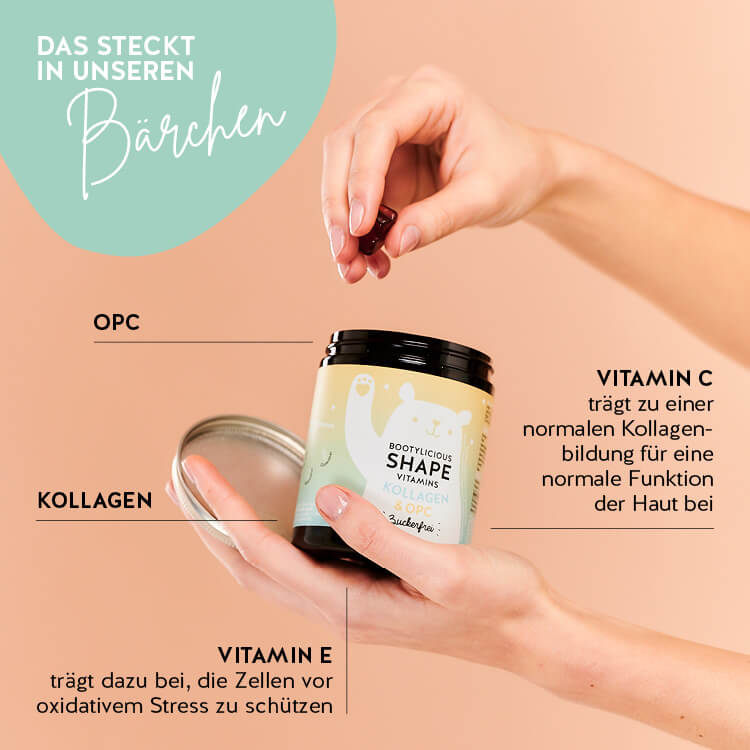 Diese Inhaltsstoffe und Nährstoffe stecken in den Bootylicious Shape Vitamins von Bears with Benefits: OPC, Kollagen, Vitamin C und Vitamin E.
