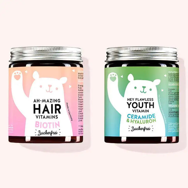 2er Set "Duo für strapazierte Haut und Haare" bestehend aus den Ah-mazing Hair Vitamins mit Biotin und den Hey Flawless Youth Vitamins mit Ceramiden und Hyaluronsäure von Bears with Benefits