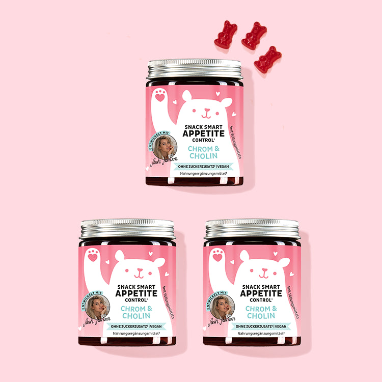 Drei Packungen der Snack Smart Vitamine für den Blutzucker mit Chrom und Cholin – von Bears with Benefits.