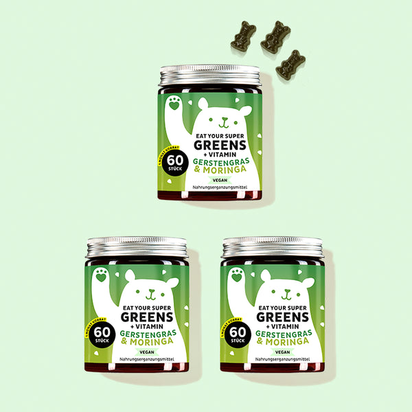 3 Monatskur von Eat your Super Greens mit Gerstengras, Moringa & 6 weiteren Greens von Bears with Benefits als Allrounder für dein Wohlbefinden.