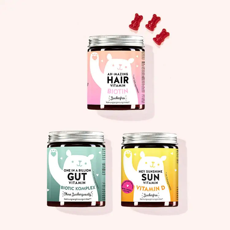 3er Bundle “Anna Maria's Favoriten” von Bears with Benefits bestehend aus den Ah-Mazing Hair zuckerfrei Vitamins mit Biotin, den One in a Billion Gut Vitamins mit Bacillus Coagulans und den Hey Sunshine Sun Vitamins mit Vitamin D.