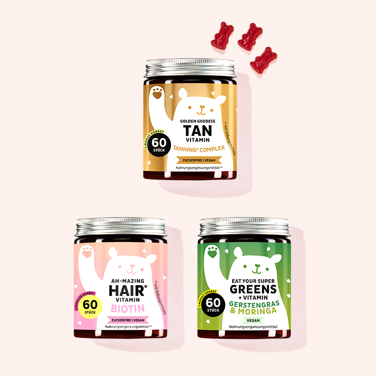 3er Bundle “Fiona's Favoriten” von Bears with Benefits bestehend aus den Golden Goddess Tan Vitamins mit Beta-Carotin, den Ah-Mazing Hair Vitamins mit Biotin und den Eat your Super Greens Vitamins mit Gerstengras.
