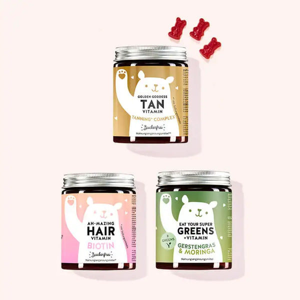 3er Bundle “Fiona's Favoriten” von Bears with Benefits bestehend aus den Golden Goddess Tan Vitamins mit Beta-Carotin, den Ah-Mazing Hair Vitamins mit Biotin und den Eat your Super Greens Vitamins mit Gerstengras.