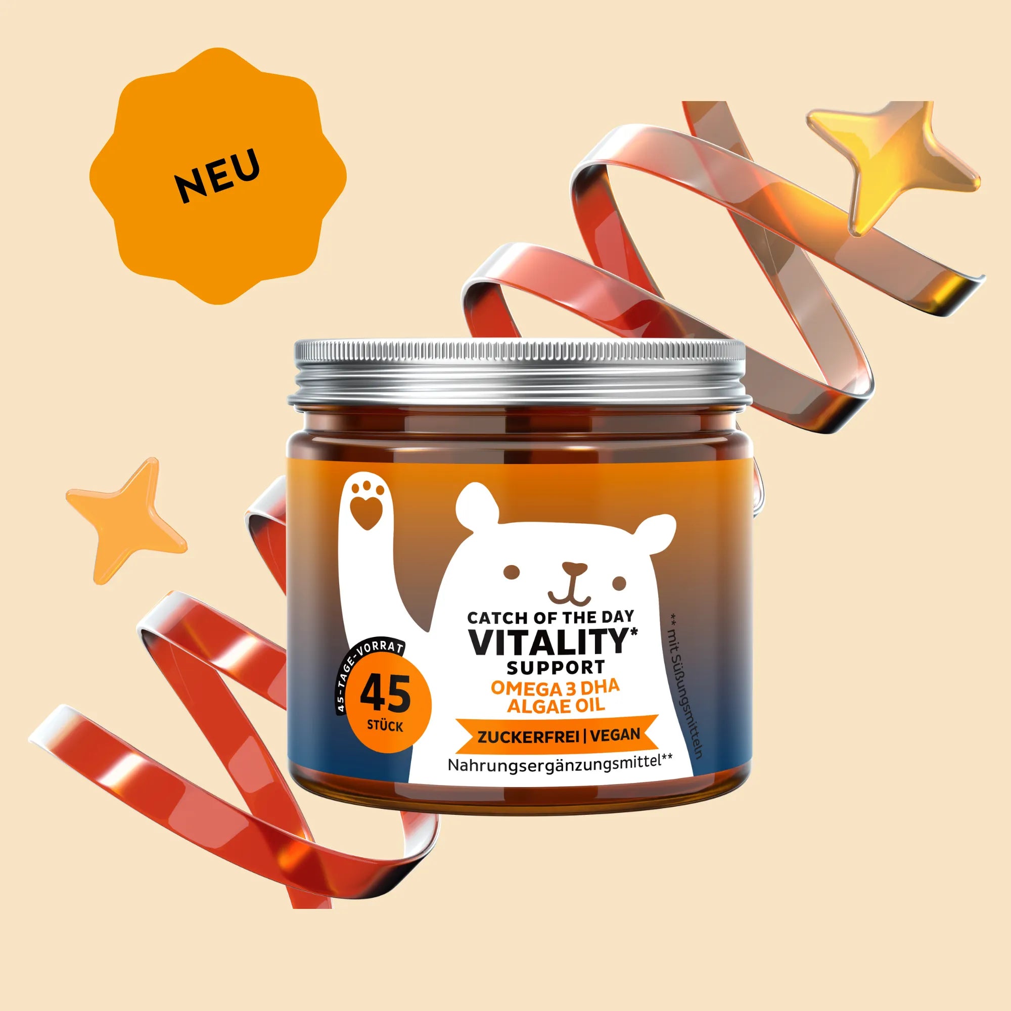 Bild der Dose mit 45 Stück der Catch Of The Day Vitality Support Vitamin-Gummibärchen von Bears with Benefits, entwickelt zur Unterstützung von Energie und Immunsystem.