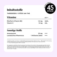 Bears with Benefits Intimate Balance Flora Vitamin – Nährwerttabelle 45 Stück: Riboflavin Vitamin B2 1,4 mg, Vitamin C 12 mg, Ananaspulver 50 mg, Lactobacillus Rhamnosus 1 Milliarde Zellen, Tagesdosis 1 Stück, ohne Zuckerzusatz