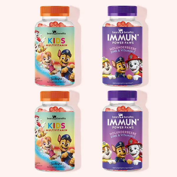  4er Bundle “Paw-erful Bundle” von Bears with Benefits bestehend aus den Paw Patrol Vitamins mit Multivitamin und den Immun Power Paw Vitamins mit Holundberbeere.