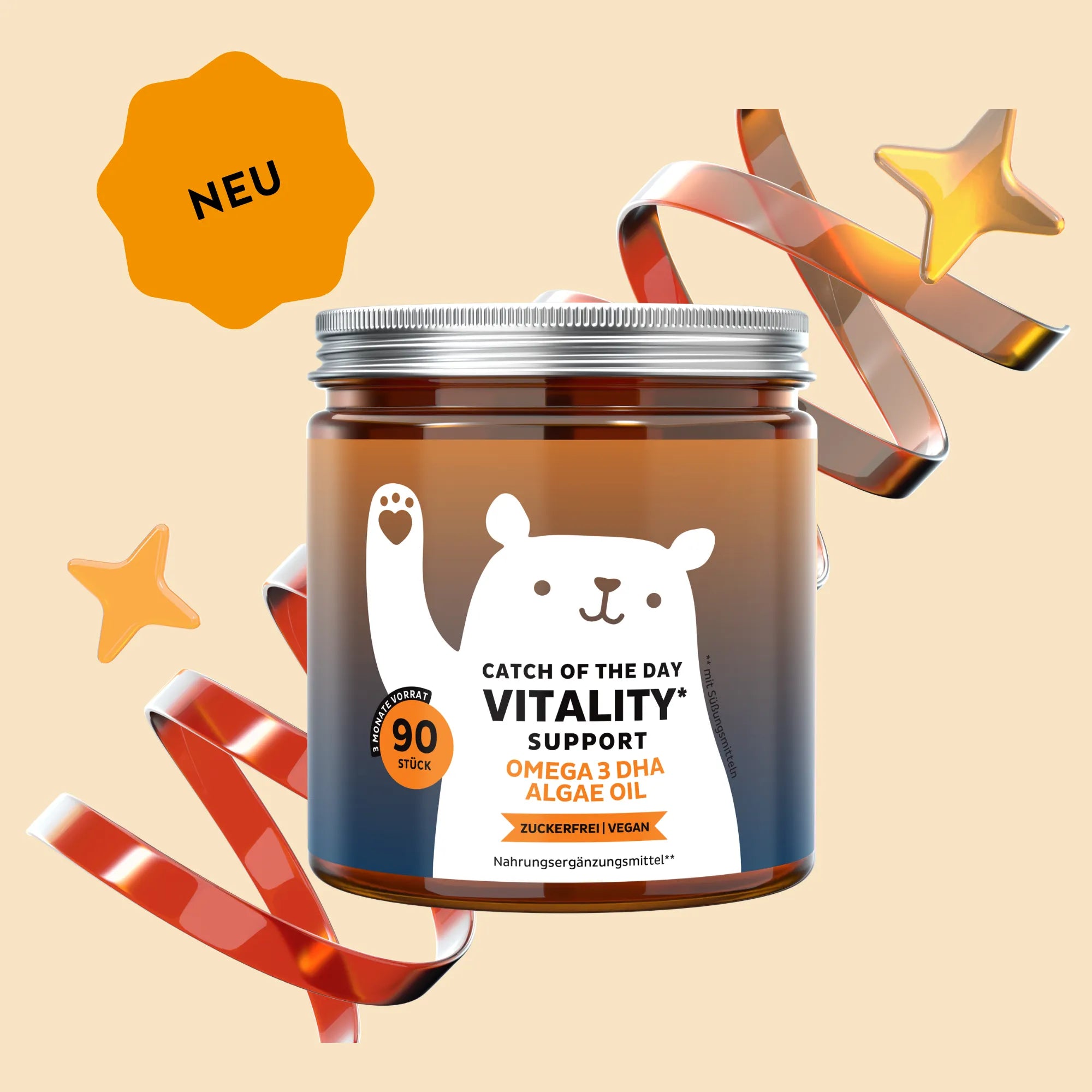 Bild der Dose mit 90 Stück der Catch Of The Day Vitality Support Vitamin-Gummibärchen von Bears with Benefits, entwickelt zur Unterstützung von Energie und Immunsystem.