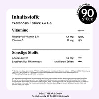 Bears with Benefits Intimate Balance Flora Vitamin – Nährwerttabelle 45 Stück: Riboflavin Vitamin B2 1,4 mg, Vitamin C 12 mg, Ananaspulver 50 mg, Lactobacillus Rhamnosus 1 Milliarde Zellen, Tagesdosis 1 Stück, ohne Zuckerzusatz
