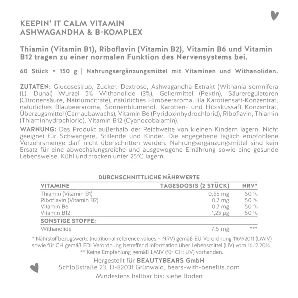 Hier ist das Etikett der Keepin' It Calm Vitamin Ashwagandha & B-Komplex mit Thiamin (B1), Riboflavin (B2), Vitamin B6 und B12. abgebildet. Darauf stehen die Zutatenliste sowie die Nährwertangaben des Produkts.