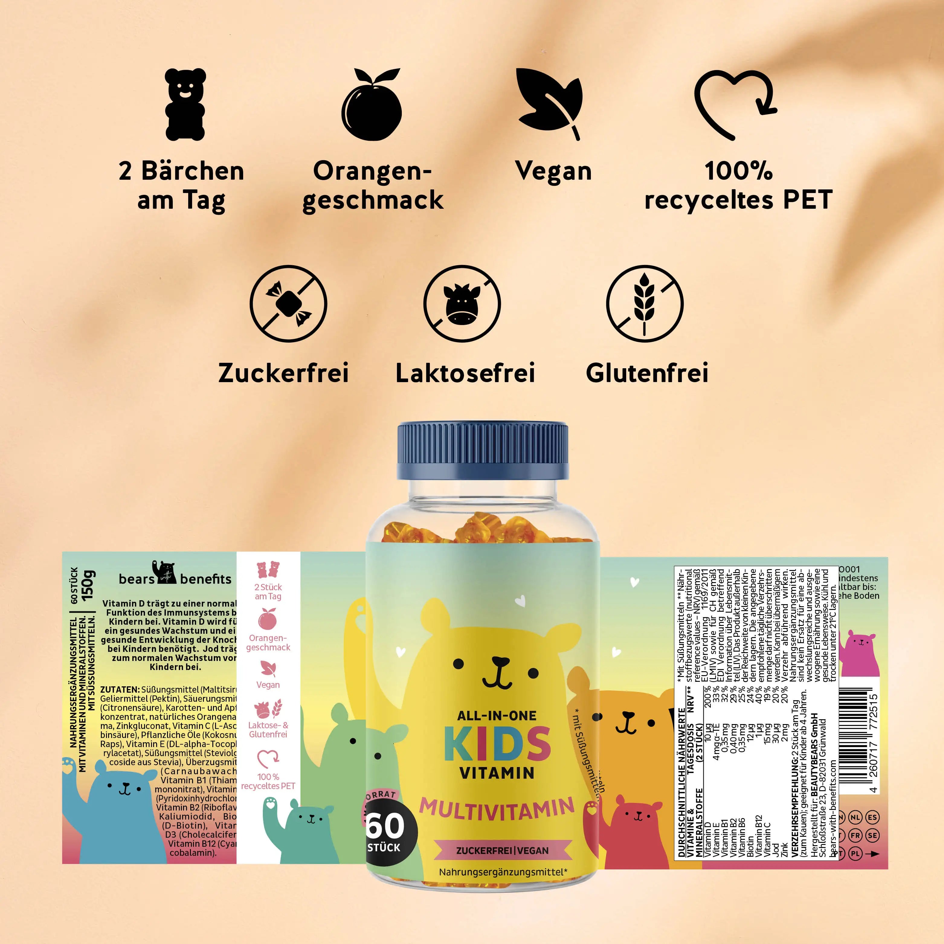 Verzehrempfehlung und Nährwerte des Produkts All in One Kids Multivitamin von Bears with Benefits.
