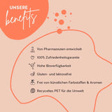 Die Produkte von Bears with Benefits sind mit Pharmazeuten entwickelt worden, haben eine hohe Bioverfügbarkeit und sind gluten- und laktosefrei. Die Verpackung besteht aus recyceltem PET und es gibt eine 100% Zufriedenheitsgarantie