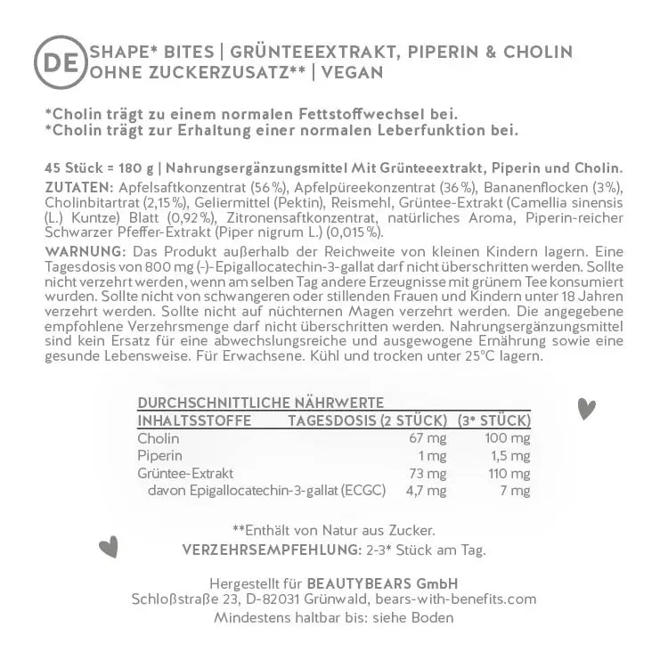 Hier ist das Etikett der Shape* Bites mit Grünteeextrakt, Piperin und Cholin abgebildet. Darauf stehen die Zutatenliste sowie die Nährwertangaben des Produkts.