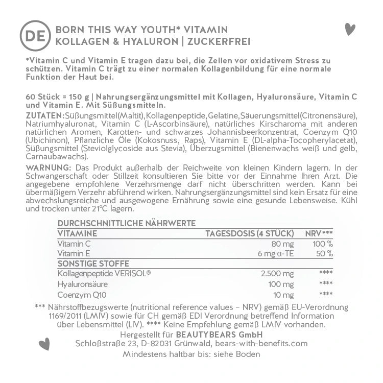 Hier siehst du die Nährstofftabelle der Born This Way Vitamin mit Kollagen und Hyaluron von Bears with Benefits.