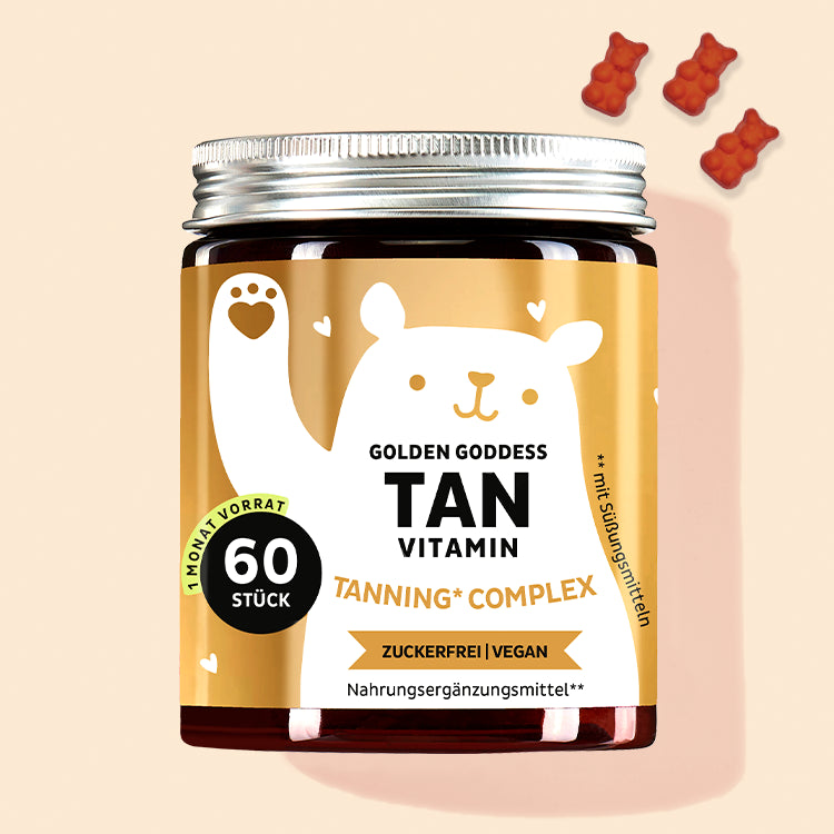 Auf diesem Bild ist eine Dose des Produkts Golden Goddess Tan mit Beta Carotin von Bears with Benefits abgebildet.