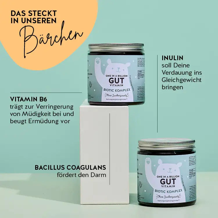 Diese Inhaltsstoffe und Nährstoffe stecken in den One in a Billion Gut Vitamins von Bears with Benefits: Inulin, Bacillus Coagulans und Vitamin B6.