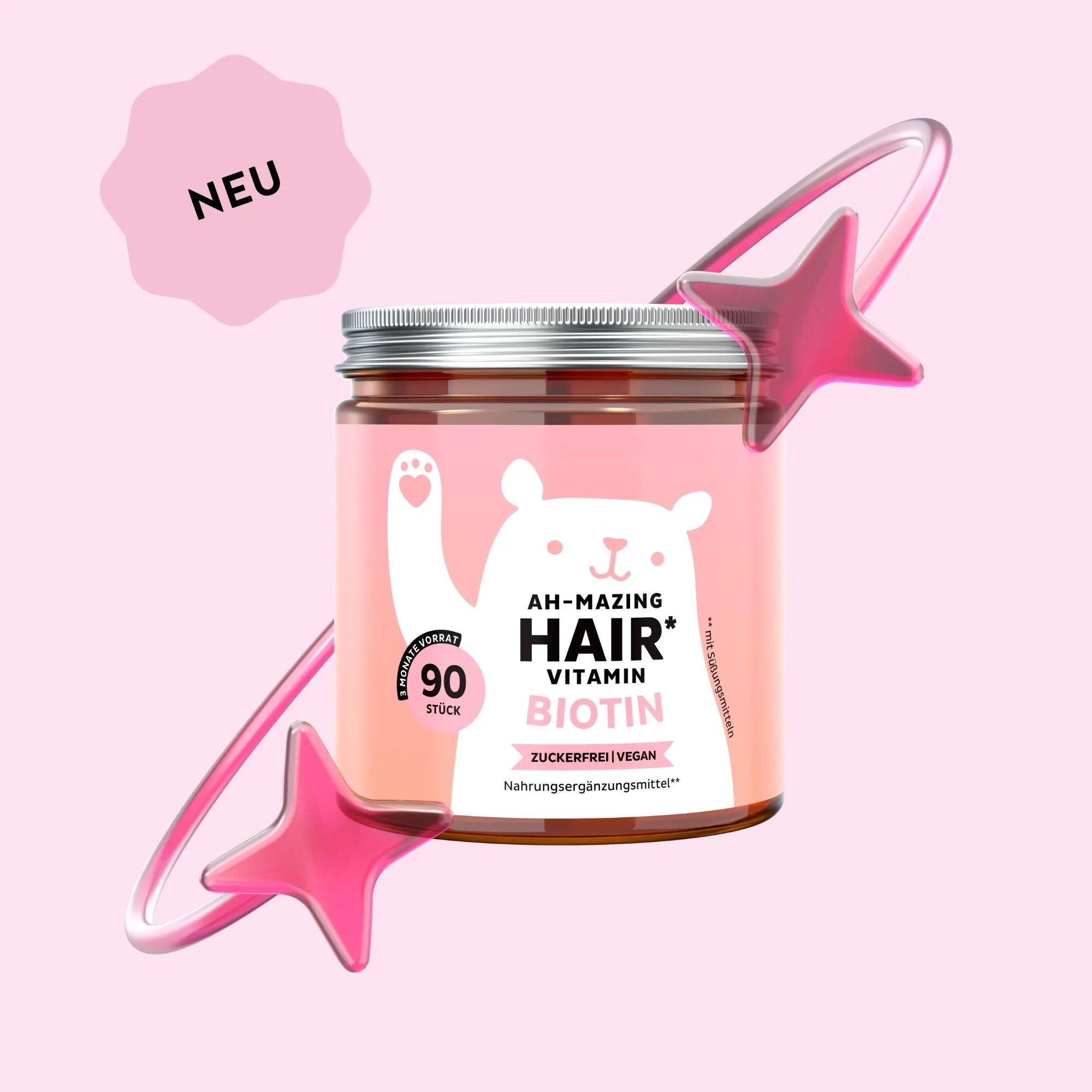Bild der Dose mit 90 Stück der Ah-Mazing Hair Vitamine von Bears with Benefits in Form veganer Gummibärchen, entwickelt zur Unterstützung von Haaren, Haut und Nägeln.
