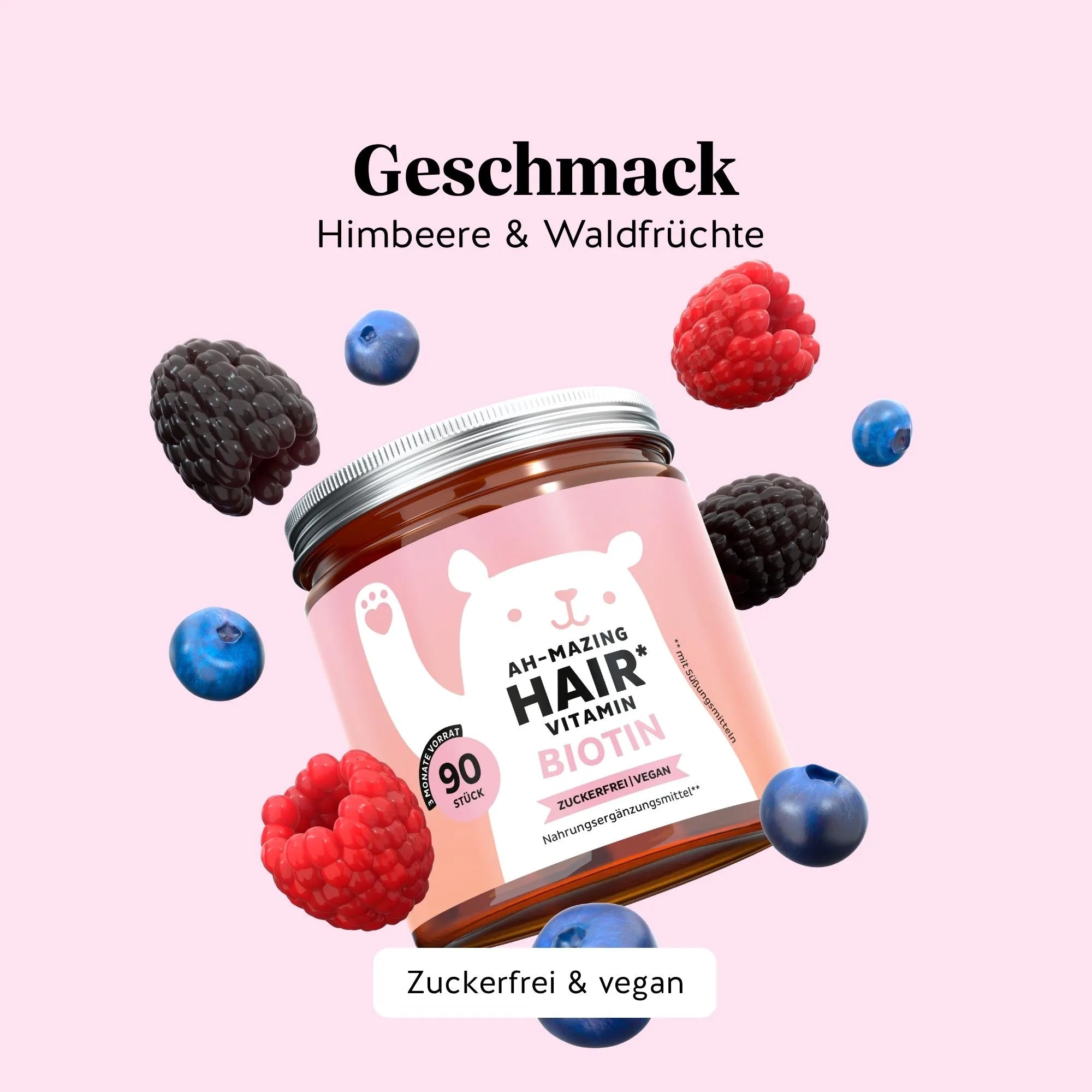 Bears with Benefits AH-MAZING Hair Vitamin – Zuckerfreie, vegane Biotin Gummibärchen mit Himbeere- & Waldfrüchte-Geschmack für Haare und Haut, 10.000 µg Biotin pro Bärchen, 45 Stück, natürlicher Geschmack, zuckerfrei, vegan