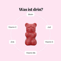 Bears with Benefits AH-MAZING Hair Vitamin – Inhaltsstoffe pro zuckerfreiem, veganem Gummibärchen: Biotin 10.000 µg, Vitamin C, Vitamin E, Vitamin B6, Jod und Zink, Formel für Haare, Haut und Nägel