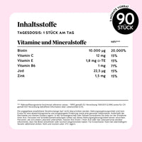 Bears with Benefits AH-MAZING Hair Vitamin – Nährwerttabelle und Inhaltsstoffe: Biotin 10.000 µg, Vitamin C 12 mg, Vitamin E 1,8 mg, Vitamin B6 1 mg, Jod 22,5 µg, Zink 1,5 mg, Tagesdosis 1 Stück, 45 Stück Packung, zuckerfrei, vegan