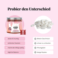 Bears with Benefits AH-MAZING Hair Vitamin – Vergleich Biotin Gummibärchen vs. Tabletten: lecker & fruchtig, einfach zu kauen und ohne bitteren Geschmack, zuckerfreie, vegane Alternative zu Biotin Kapseln für Haare