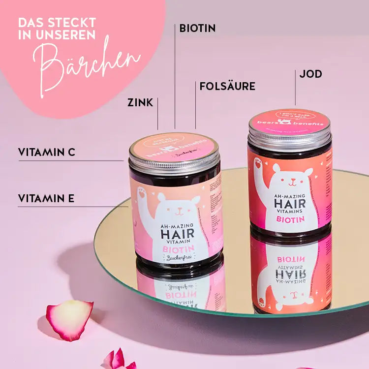 Diese Vitamine und Nährstoffe sind in den Ah-mazing Hair Vitamins von Bears with Benefits: Biotin, Folsäure, Jod, Zink, Vitamin C sowie Vitamin E.