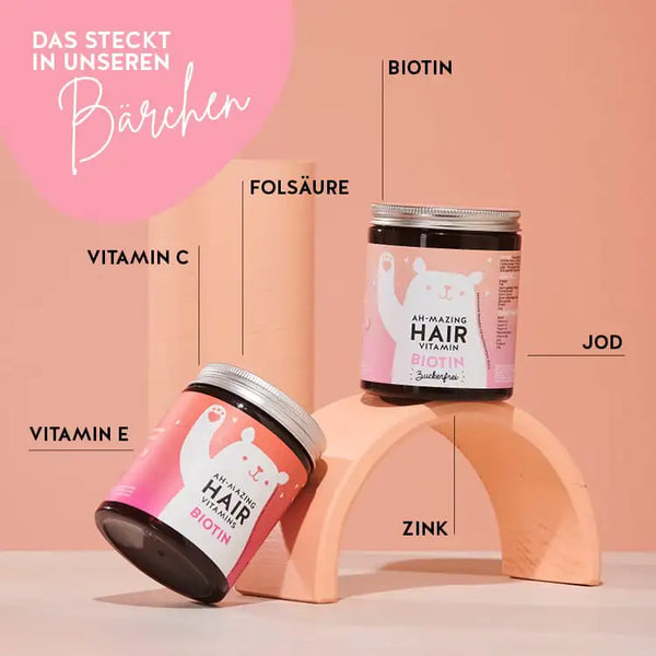 Diese Vitamine und Nährstoffe sind in den Ah-mazing Hair Vitamins von Bears with Benefits: Biotin, Folsäure, Jod, Zink, Vitamin C, Vitamin E, Vitamin B6.