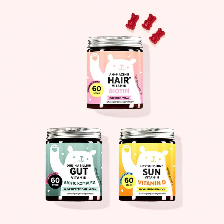 3er Bundle “Anna Maria's Favoriten” von Bears with Benefits bestehend aus den Ah-Mazing Hair zuckerfrei Vitamins mit Biotin, den One in a Billion Gut Vitamins mit Bacillus Coagulans und den Hey Sunshine Sun Vitamins mit Vitamin D.
