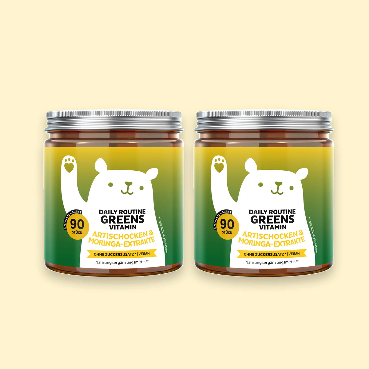 Bears with Benefits DAILY ROUTINE GREENS VITAMIN – Doppelpack mit 180 Bärchen (2 × 90), vegane Gummibärchen ohne Zuckerzusatz mit 8 Pflanzenextrakten, Vitaminen und Mineralstoffen für die tägliche Routine, natürlicher Heidelbeer- und Himbeergeschmack