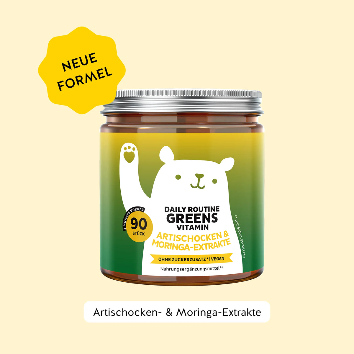 Bears with Benefits DAILY ROUTINE GREENS VITAMIN – vegane Gummibärchen ohne Zuckerzusatz mit 8 Pflanzenextrakten, Vitaminen und Mineralstoffen für Energie, Abwehrkräfte und Konzentration, 90 Bärchen mit natürlichem Heidelbeer- und Himbeergeschmack