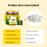 Bears with Benefits DAILY ROUTINE GREENS VITAMIN – Vorteile der Gummibärchen: Energie mit Vitamin B6 und B12, natürliche Abwehrkräfte mit Zink, Konzentration mit Eisen und Verringerung von Müdigkeit und Ermüdung mit Niacin, Folsäure und Eisen