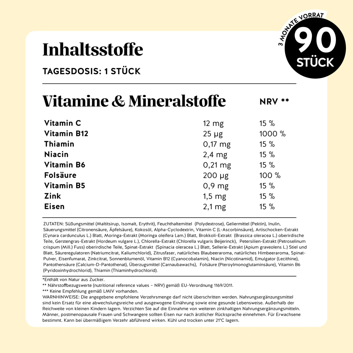 Bears with Benefits DAILY ROUTINE GREENS VITAMIN – Nährwerte pro Tagesdosis (1 Bärchen): Vitamin C 12 mg, B12 25 μg, Folsäure 200 μg, Eisen 2,1 mg, Zink 1,5 mg und 8 Pflanzenextrakte je 15 mg