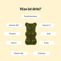 Bears with Benefits DAILY ROUTINE GREENS VITAMIN – welche Inhaltsstoffe: 8 Pflanzenextrakte (Artischocke, Moringa, Brokkoli, Gerstengras, Chlorella, Petersilie, Spinat, Sellerie) mit Vitamin C, B12, Thiamin, Niacin, B6, Folsäure, Pantothensäure, Zink und Eisen