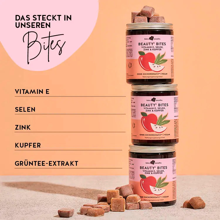 Das steckt in unseren Beauty Bites, Vitamin E, Selen, Zink, Kupfer und Grüntee-Extrakt