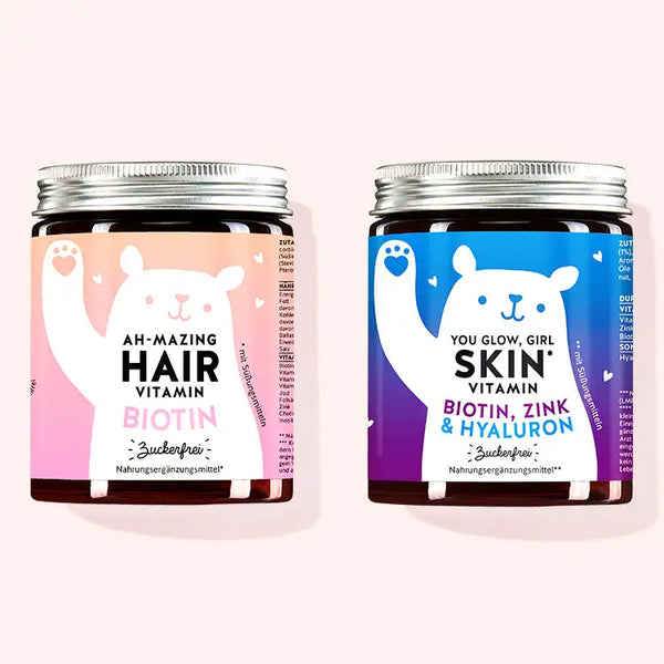 2er Set Duo für strapazierte Haut und Haare von Bears with Benefits bestehend aus den Ah-Mazing Hair Vitaminen mit Biotin und den You Glow, Girl Vitaminen mit Hyaluron.