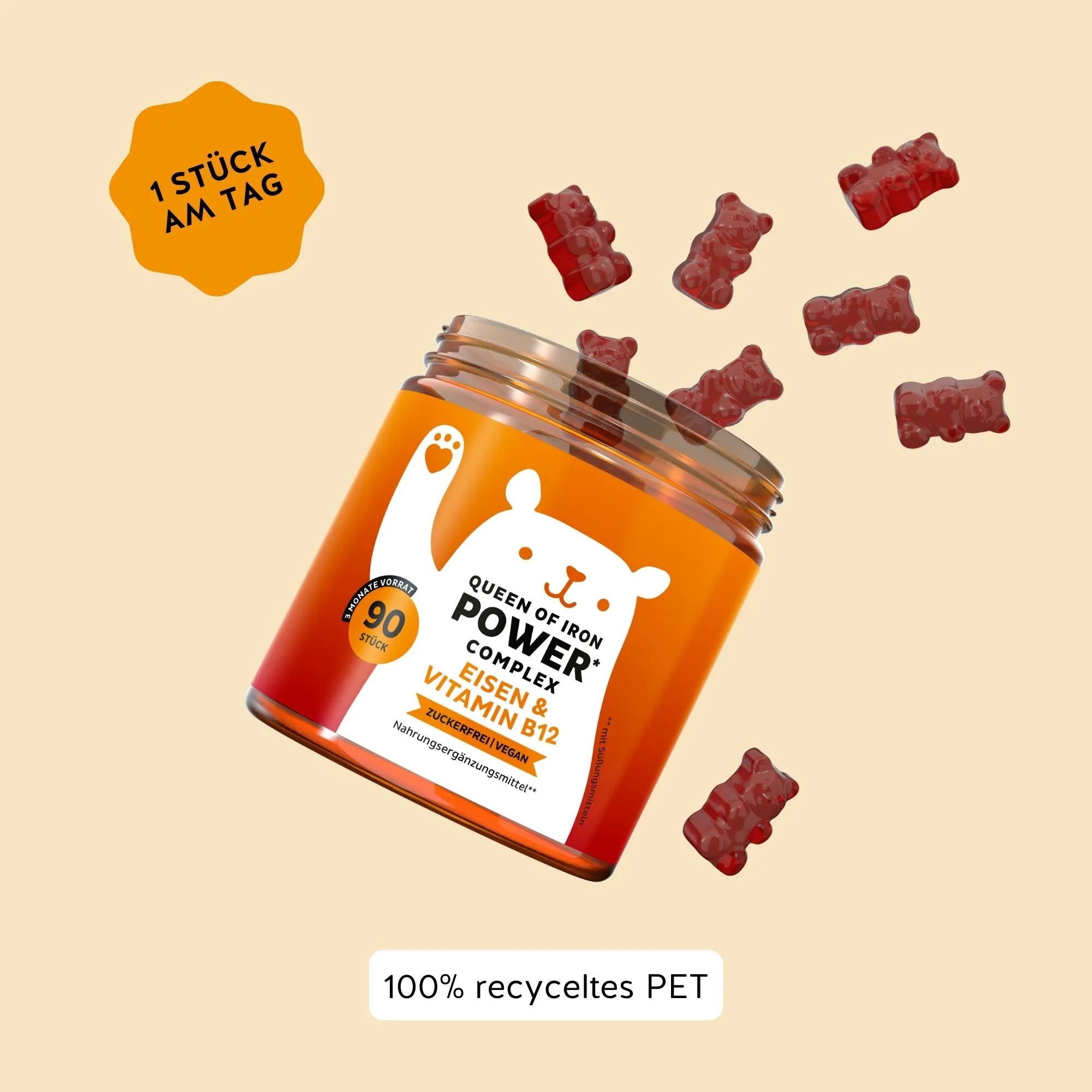 Verzehrempfehlung für die Queen of Iron Power Vitamine von Bears with Benefits: 1 Bärchen pro Tag. Dose mit 90 Stück.