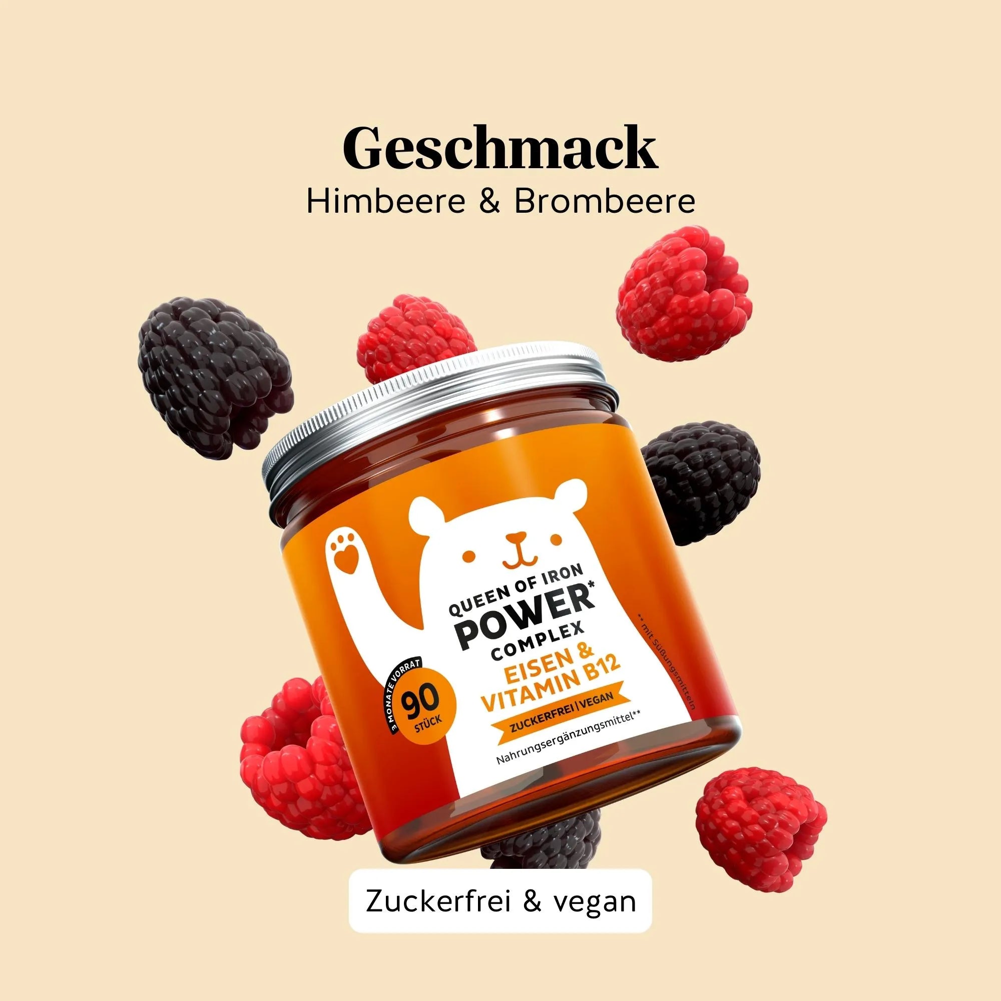 Natürlicher Geschmack nach Brombeere und Himbeere der Queen of Iron Power Gummibärchen von Bears with Benefits, angenehm und leicht einzunehmen. Dose mit 45 Stück.