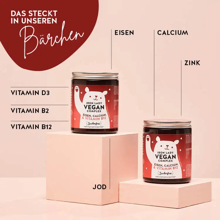 Auf diesem Bild sind die Inhaltsstoffe der Iron Lady Vegan Bärchen mit Eisen dargestellt. Eisen, Calcium, Zink, Vitamin B3, Bitamin B2, Vitamin B12, Jod.