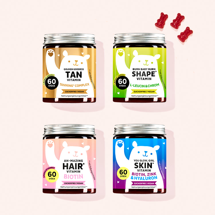 Vitamin-Set mit Bräunungskomplex, Chrom, Biotin und Hyaluronsäure für Haut, Haare und Körper.