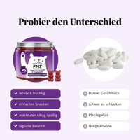 Bears with Benefits FEMTASTIC PMS Vitamin – Vergleich PMS Gummibärchen vs. Tabletten: lecker & fruchtig, einfaches Snacken, macht den Alltag spaßig, tägliche Balance statt Bitterer Geschmack, schwer zu schlucken, Pflichtgefühl, lästige Routine, ohne Zuckerzusatz & vegan; Text im Bild: “Probier den Unterschied”, “lecker & fruchtig”, “einfaches Snacken”, “macht den Alltag spaßig”, “tägliche Balance”, “Bitterer Geschmack”, “schwer zu schlucken”, “Pflichtgefühl”, “lästige Routine”.