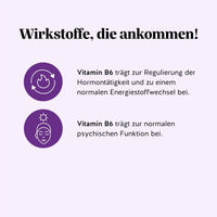 Bears with Benefits FEMTASTIC PMS Vitamin – Vitamin B6 trägt zur Regulierung der Hormontätigkeit und zu einem normalen Energiestoffwechsel bei; Vitamin B6 trägt zur normalen psychischen Funktion bei (Deutschland), vegane PMS Gummibärchen mit Mönchspfeffer Extrakt & Vitamin B6, ohne Zuckerzusatz**; Text im Bild: “Wirkstoffe, die ankommen!”, “Vitamin B6 trägt zur Regulierung der Hormontätigkeit und zu einem normalen Energiestoffwechsel bei.”, “Vitamin B6 trägt zur normalen psychischen Funktion bei.”.