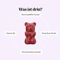 Bears with Benefits FEMTASTIC PMS Vitamin – Inhaltsstoffe pro Gummibärchen (Deutschland): Mönchspfeffer Extrakt, Vitamin B6, Dong Quai Extrakt, Zitronenmelisse Extrakt, vegane Formel, ohne Zuckerzusatz**; Text im Bild: “Was ist drin?”, “Mönchspfeffer Extrakt”, “Vitamin B6”, “Dong Quai Extrakt”, “Zitronenmelisse Extrakt”.